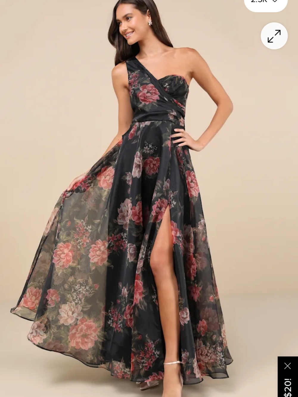 One-Shoulder Black & Pink Floral Evening Maxi Gown with Side Slit